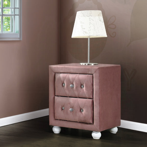 English Elm Beautiful Pink Fabric Nightstand with Two Drawers, Crystal Knobs, Rounded White Bun Feet, 17" Cubic Stylish Accent Table B2741P323124