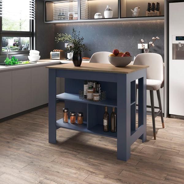 English Elm Kronos Two-Tone Ash and Blue Kitchen Island with Open Shelves, Stylish Storage & Multifunctional Design B062P389914