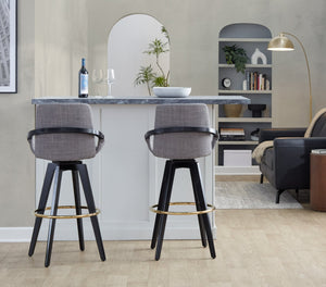 English Elm Fixed-height Swivel Barstools Upholstered Grey Fabric Black Wood Legs Kitchen Set of 2 B202S01891