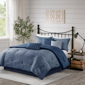 JLA Home Madison Park - 7 Madison Park Walter Seersucker Comforter Set - Textured Hotel-Style 7-Piece Ensemble with Hypoallergenic Fill Navy MP10-7130