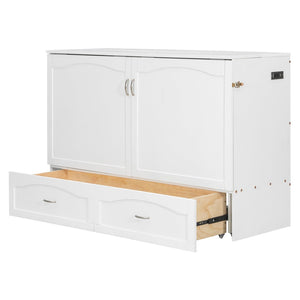 English Elm Queen Murphy Wall Bed with Drawers Usb Charging Ports Pulley Lift Mdf Cabinet White LP100671AAK-1