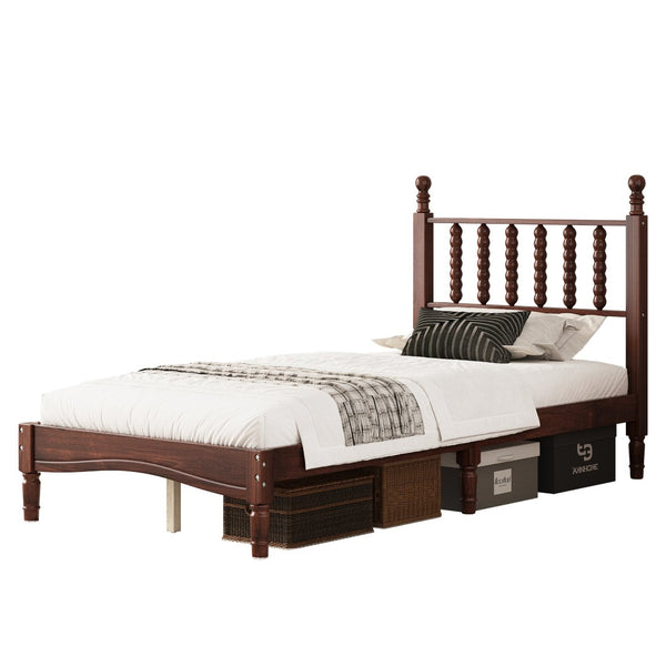 English Elm Twin Rubberwood Platform Bed Gourd Headboard Retro Bohemian Bedroom Slat Base Walnut N733P427029D