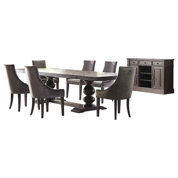 English Elm Vallerie Transitional 8-Piece Dining Set in Antique Noir with Grey Velvet Chairs, Nailhead Trim, Server B062S00887