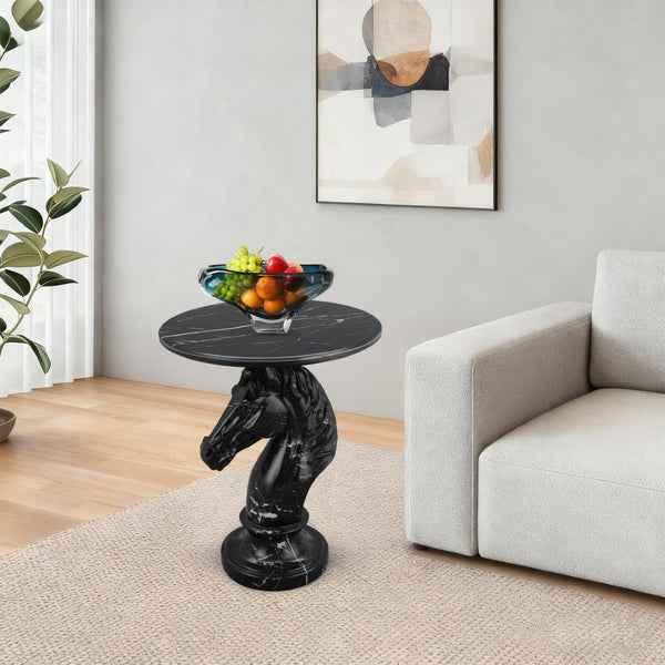 English Elm Horse Head Sculpted Resin End Table with Faux Marble Top for Bold Living Rooms Black W5398P454679