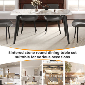 English Elm 62.99" Modern Artificial Stone White Dining Table With Curved Edges & Black Metal Legs For 6 People W1535S00517