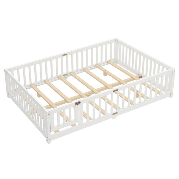 English Elm Queen Kids Floor Bed with Safety Guardrails and Door for Independent Sleep, Pine Frame, 82.7"x62.6" White W1580P338953