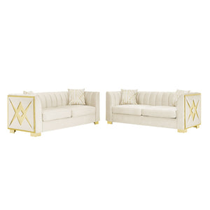 English Elm 81" Tufted Velvet Chesterfield Sofa with Gold Steel Legs for Elegant Living Rooms Beige W1191S00071