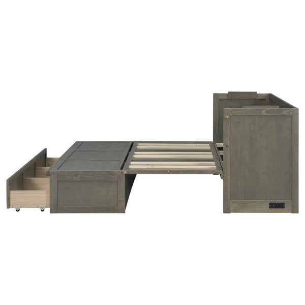 English Elm Queen Murphy Cabinet Bed Pine Wood Geometric Panel Antique Grey with Usb Charging W504S00302