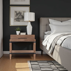 English Elm Tranquilty Mid-century Walnut Veneer Nightstand Open Shelf Tapered Legs Bedroom Storage B108P411445