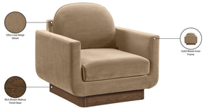 Meridian Furniture Diviento Sculptural Velvet Accent Chair with Walnut Base for Modern Living Room Comfort Beige 175Beige-C