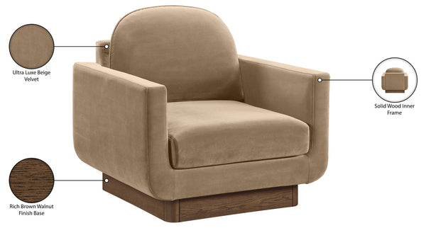 Meridian Furniture Diviento Sculptural Velvet Accent Chair with Walnut Base for Modern Living Room Comfort Beige 175Beige-C