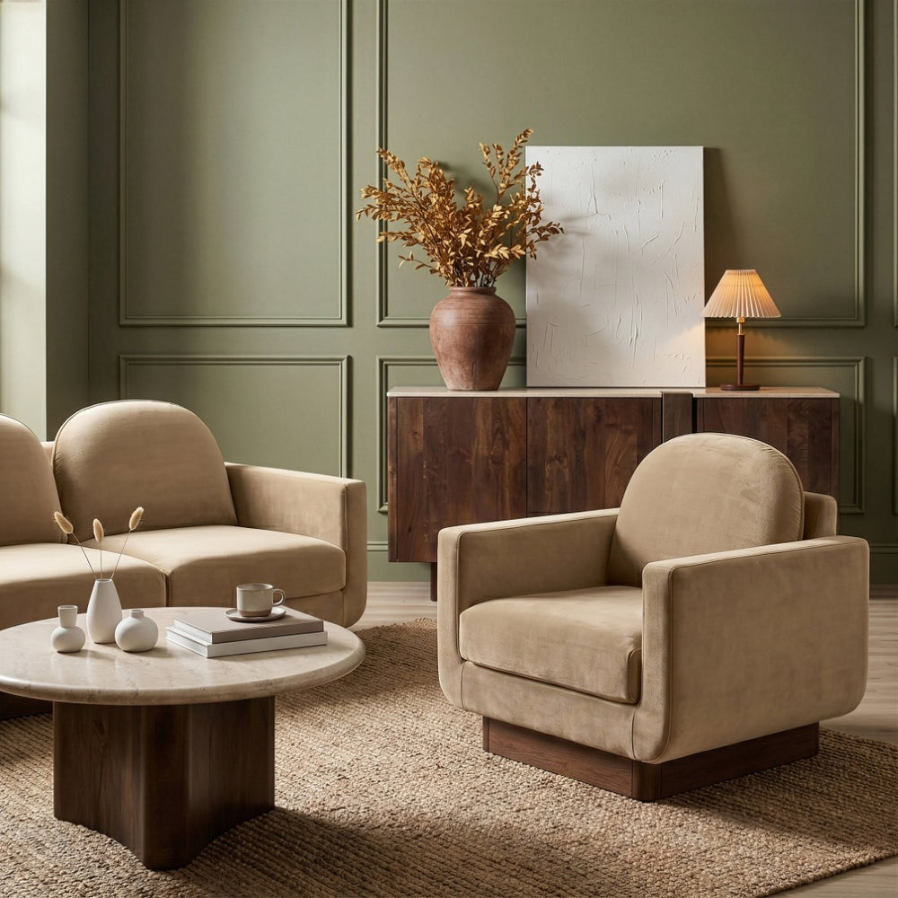 Meridian Furniture Diviento Sculptural Velvet Accent Chair with Walnut Base for Modern Living Room Comfort Beige 175Beige-C