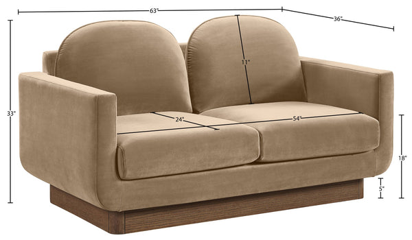 Meridian Furniture Diviento Sculptural Velvet Loveseat with Walnut Base for Stylish Modern Living Rooms Beige 175Beige-L