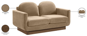 Meridian Furniture Diviento Sculptural Velvet Loveseat with Walnut Base for Stylish Modern Living Rooms Beige 175Beige-L