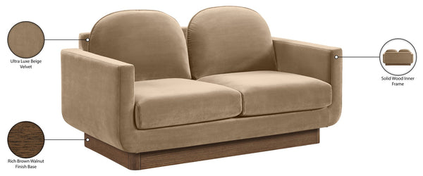 Meridian Furniture Diviento Sculptural Velvet Loveseat with Walnut Base for Stylish Modern Living Rooms Beige 175Beige-L