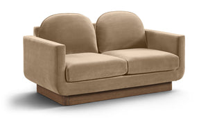 Meridian Furniture Diviento Sculptural Velvet Loveseat with Walnut Base for Stylish Modern Living Rooms Beige 175Beige-L