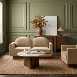 Meridian Furniture Diviento Sculptural Velvet Loveseat with Walnut Base for Stylish Modern Living Rooms Beige 175Beige-L