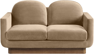 Meridian Furniture Diviento Sculptural Velvet Loveseat with Walnut Base for Stylish Modern Living Rooms Beige 175Beige-L