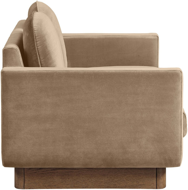 Meridian Furniture Diviento Sculptural Velvet Loveseat with Walnut Base for Stylish Modern Living Rooms Beige 175Beige-L