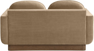 Meridian Furniture Diviento Sculptural Velvet Loveseat with Walnut Base for Stylish Modern Living Rooms Beige 175Beige-L