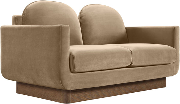 Meridian Furniture Diviento Sculptural Velvet Loveseat with Walnut Base for Stylish Modern Living Rooms Beige 175Beige-L