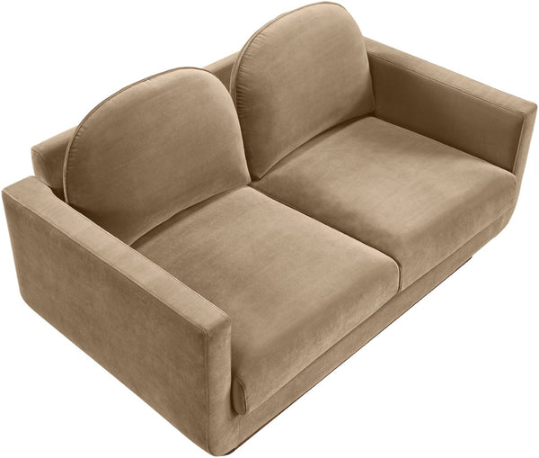 Meridian Furniture Diviento Sculptural Velvet Loveseat with Walnut Base for Stylish Modern Living Rooms Beige 175Beige-L