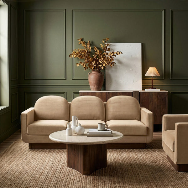 Meridian Furniture Diviento Sculptural Velvet Sofa with Walnut Base for Modern Contemporary Living Rooms Beige 175Beige-S