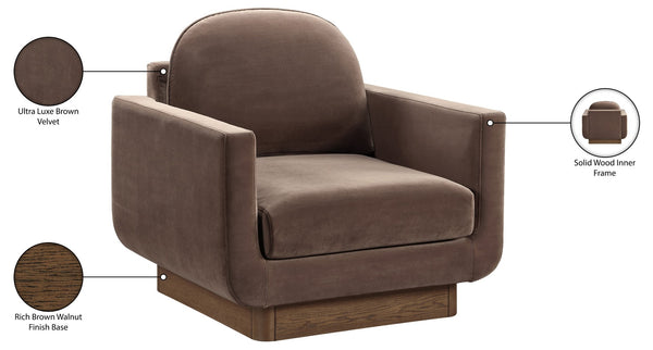 Meridian Furniture Diviento Sculptural Velvet Accent Chair with Walnut Base for Modern Living Room Comfort Brown 175Brown-C