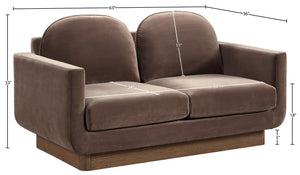 Meridian Furniture Diviento Sculptural Velvet Loveseat with Walnut Base for Stylish Modern Living Rooms Brown 175Brown-L