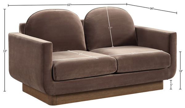 Meridian Furniture Diviento Sculptural Velvet Loveseat with Walnut Base for Stylish Modern Living Rooms Brown 175Brown-L