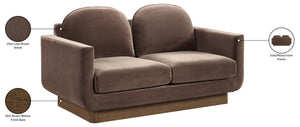 Meridian Furniture Diviento Sculptural Velvet Loveseat with Walnut Base for Stylish Modern Living Rooms Brown 175Brown-L