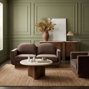 Meridian Furniture Diviento Sculptural Velvet Loveseat with Walnut Base for Stylish Modern Living Rooms Brown 175Brown-L