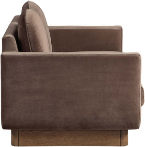Meridian Furniture Diviento Sculptural Velvet Loveseat with Walnut Base for Stylish Modern Living Rooms Brown 175Brown-L
