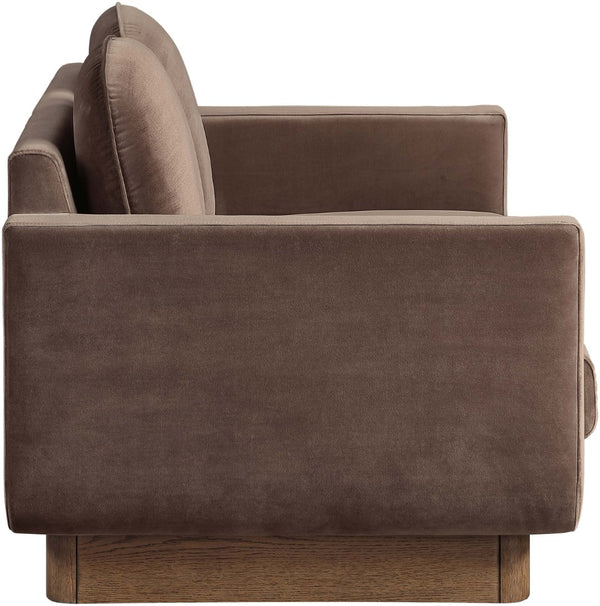 Meridian Furniture Diviento Sculptural Velvet Loveseat with Walnut Base for Stylish Modern Living Rooms Brown 175Brown-L