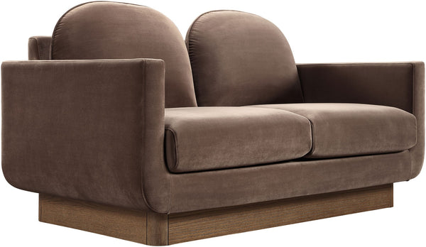 Meridian Furniture Diviento Sculptural Velvet Loveseat with Walnut Base for Stylish Modern Living Rooms Brown 175Brown-L