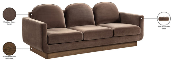 Meridian Furniture Diviento Sculptural Velvet Sofa with Walnut Base for Modern Contemporary Living Rooms Brown 175Brown-S