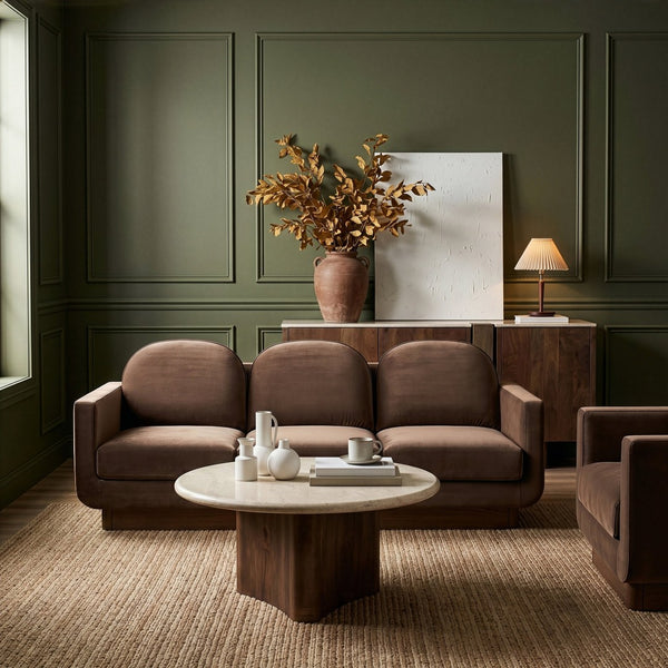 Meridian Furniture Diviento Sculptural Velvet Sofa with Walnut Base for Modern Contemporary Living Rooms Brown 175Brown-S