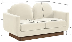 Meridian Furniture Diviento Sculptural Velvet Loveseat with Walnut Base for Stylish Modern Living Rooms Cream 175Cream-L