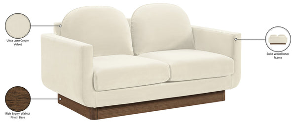 Meridian Furniture Diviento Sculptural Velvet Loveseat with Walnut Base for Stylish Modern Living Rooms Cream 175Cream-L