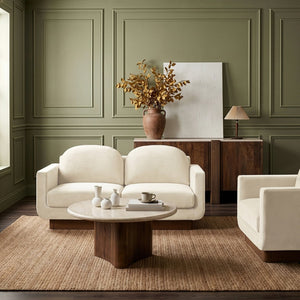Meridian Furniture Diviento Sculptural Velvet Loveseat with Walnut Base for Stylish Modern Living Rooms Cream 175Cream-L