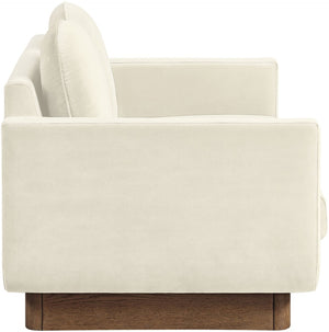 Meridian Furniture Diviento Sculptural Velvet Loveseat with Walnut Base for Stylish Modern Living Rooms Cream 175Cream-L