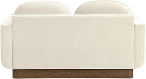 Meridian Furniture Diviento Sculptural Velvet Loveseat with Walnut Base for Stylish Modern Living Rooms Cream 175Cream-L