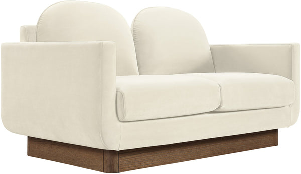 Meridian Furniture Diviento Sculptural Velvet Loveseat with Walnut Base for Stylish Modern Living Rooms Cream 175Cream-L