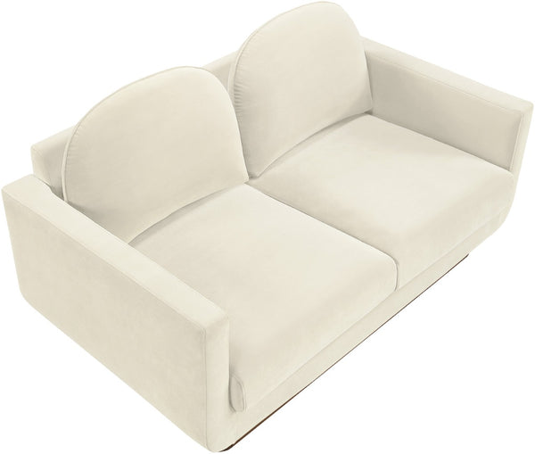 Meridian Furniture Diviento Sculptural Velvet Loveseat with Walnut Base for Stylish Modern Living Rooms Cream 175Cream-L