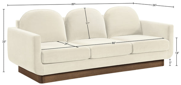 Meridian Furniture Diviento Sculptural Velvet Sofa with Walnut Base for Modern Contemporary Living Rooms Cream 175Cream-S