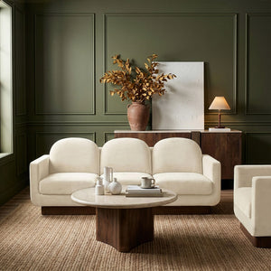 Meridian Furniture Diviento Sculptural Velvet Sofa with Walnut Base for Modern Contemporary Living Rooms Cream 175Cream-S