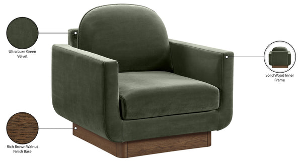 Meridian Furniture Diviento Sculptural Velvet Accent Chair with Walnut Base for Modern Living Room Comfort Green 175Green-C