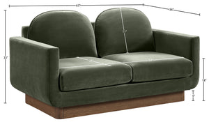 Meridian Furniture Diviento Sculptural Velvet Loveseat with Walnut Base for Stylish Modern Living Rooms Green 175Green-L