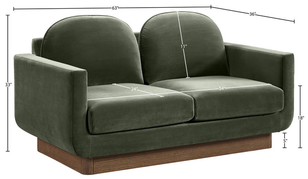 Meridian Furniture Diviento Sculptural Velvet Loveseat with Walnut Base for Stylish Modern Living Rooms Green 175Green-L