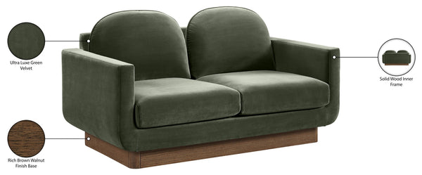 Meridian Furniture Diviento Sculptural Velvet Loveseat with Walnut Base for Stylish Modern Living Rooms Green 175Green-L